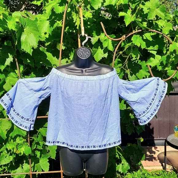 Lucky Brand Tops - Lucky Brand Off the Shoulder Boho Top with Embroidered Double Bell Sleeves